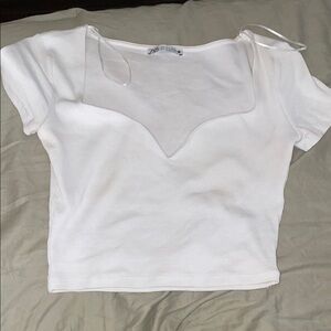 Zara Cream Short Sleeve Top with Unique Neckline